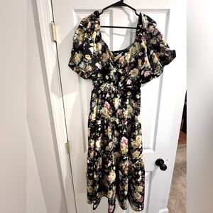 Women Floral Square Neck Puff Short Sleeve Smocked Back Boho Maxi Dress